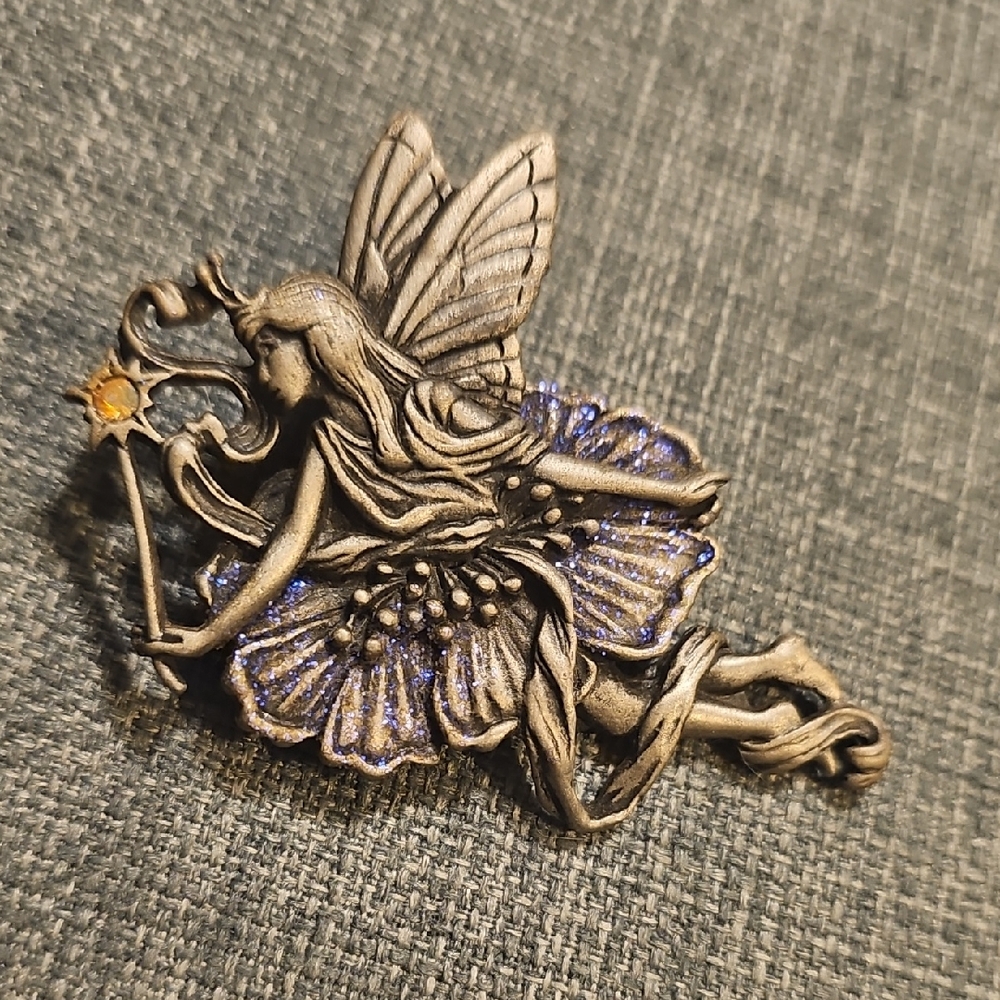 Vintage SIGNED JJ Jonette Pewter Fairy Brooch with Blue Accents Rhinestone Star
